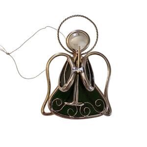 Vintage Stained Glass Angel Christmas Ornament w/ Silver Metal Trim Green